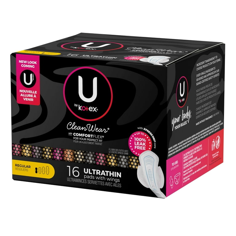 U by Kotex CleanWear Ultra Thin Feminine Pads with Wings, Regular, 16 Count