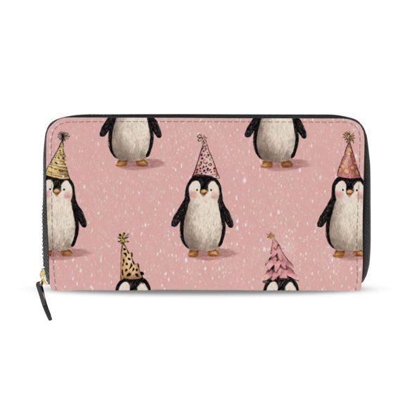 Cute Penguins in Christmas Party Women's Long Zipper Wallet Bifold Clutch Purse PU Leather Card Cases