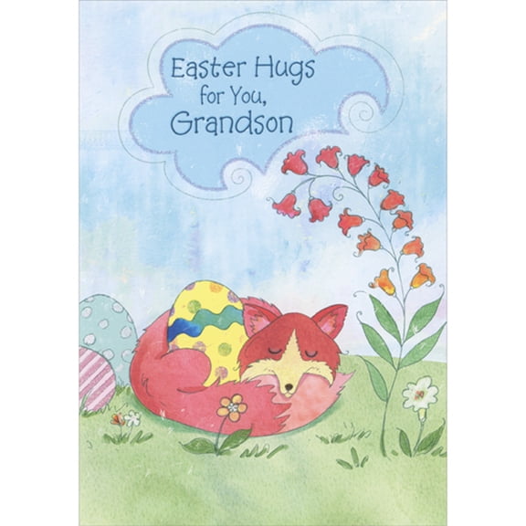 Designer Greetings Easter Hugs: Sleeping Fox Wrapped Around Yellow Egg Juvenile Easter Card for Grandson