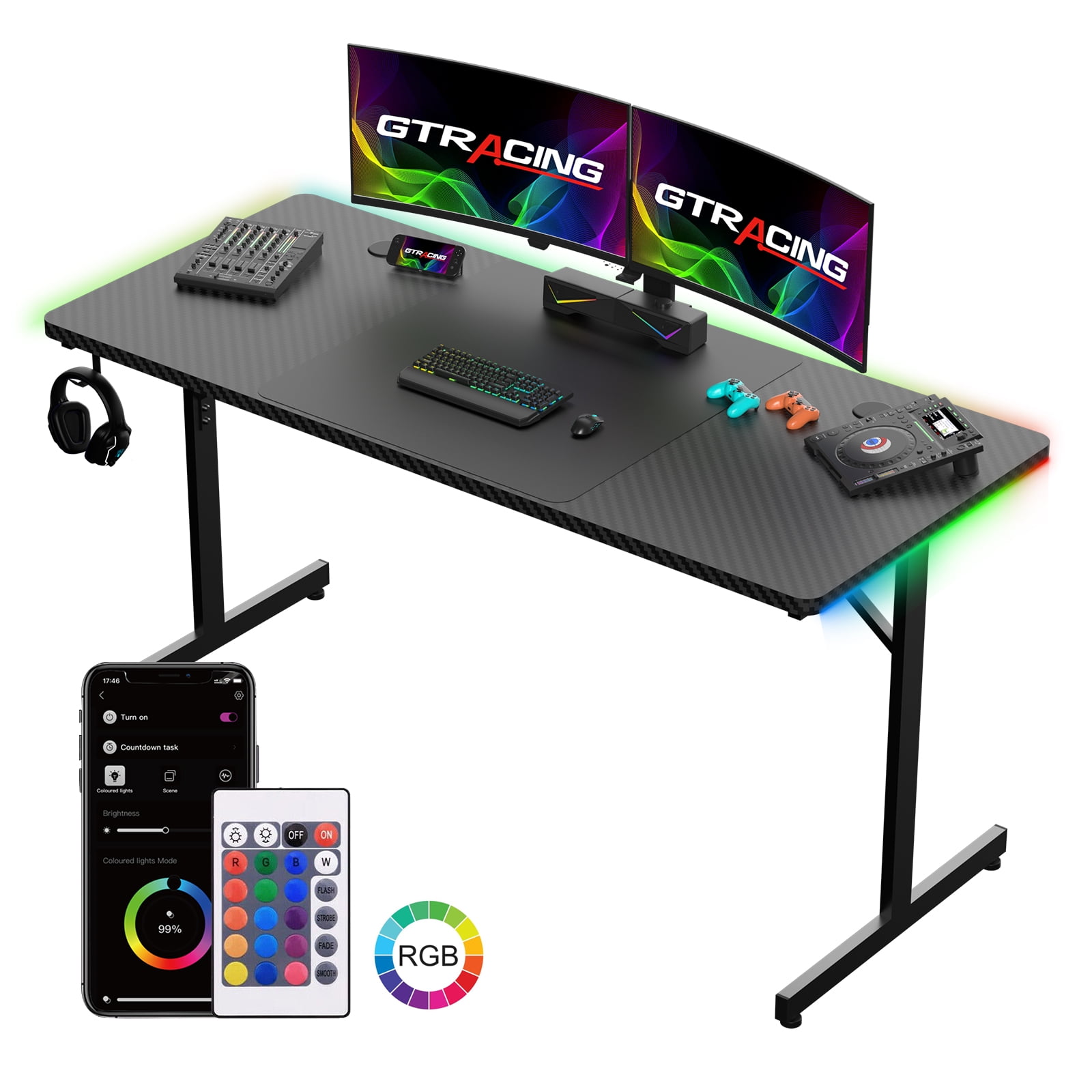 GTRACING 55" Large RGB Sturdy Gaming Desk with Mouse Pad T-Shaped Office Chair Computer Desk Spacious Work Surface Table, Black