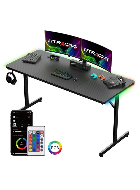 GTRACING 55" Large RGB Gaming Desk with Mouse Pad T-Shaped Office Desk Spacious Work Surface Table, Black