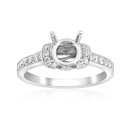 - 1/3ct Pave Diamond Ring Setting Solid 18K White Gold Vintage Engagement Mount