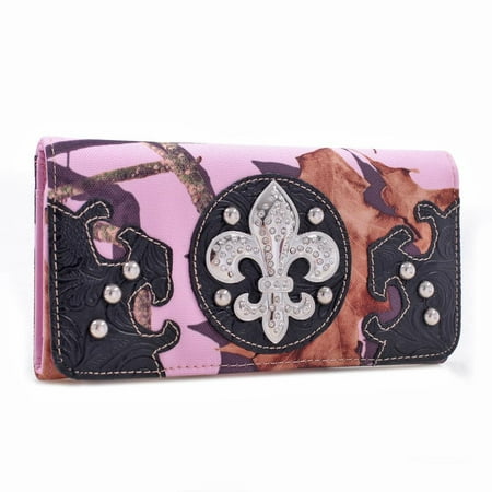- Mossy Pink Camo Tri-fold Wallet w/ Rhinestone Fleur de Lis & Croco Black Trim