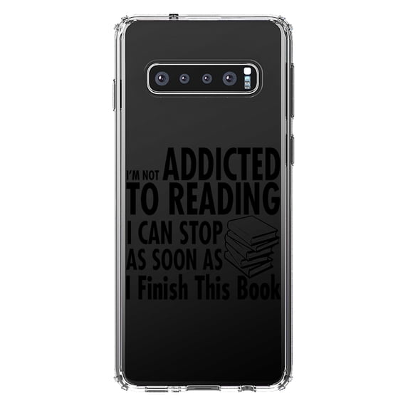 DistinctInk Clear Shockproof Hybrid Case for Samsung Galaxy S10+ PLUS (6.4" Screen) - TPU Bumper Acrylic Back Tempered Glass Screen Protector - Not Addicted to Reading - Can Stop When I Finish