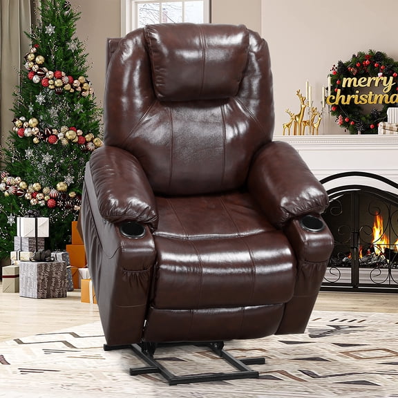 BALICHUN Genuine Leather Lift Recliner Chairs for Pregnant Woman and Elderly with Electric Massage and Heating, OKIN Motor Power Chair Lift Recliner, 2 USB, 2 Cup Holder, 4 Side Pocket (Brown)
