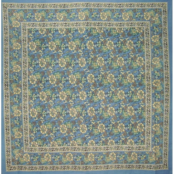 Floral Print Square Cotton Tablecloth 70" x 70" Baby Blue