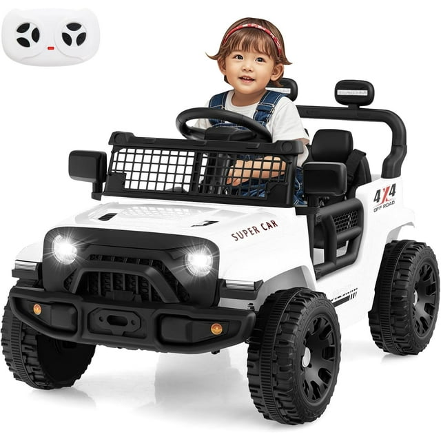 OLAKIDS Camion à Chevaucher 12 V, Véhicule Électrique à Pile pour Enfants avec Télécommande, Rétroviseur Réfléchissant Pliable, Suspension à Ressorts, Musique, Lumières DEL, Jouet à Chevaucher pour Garçons et Filles de 3+