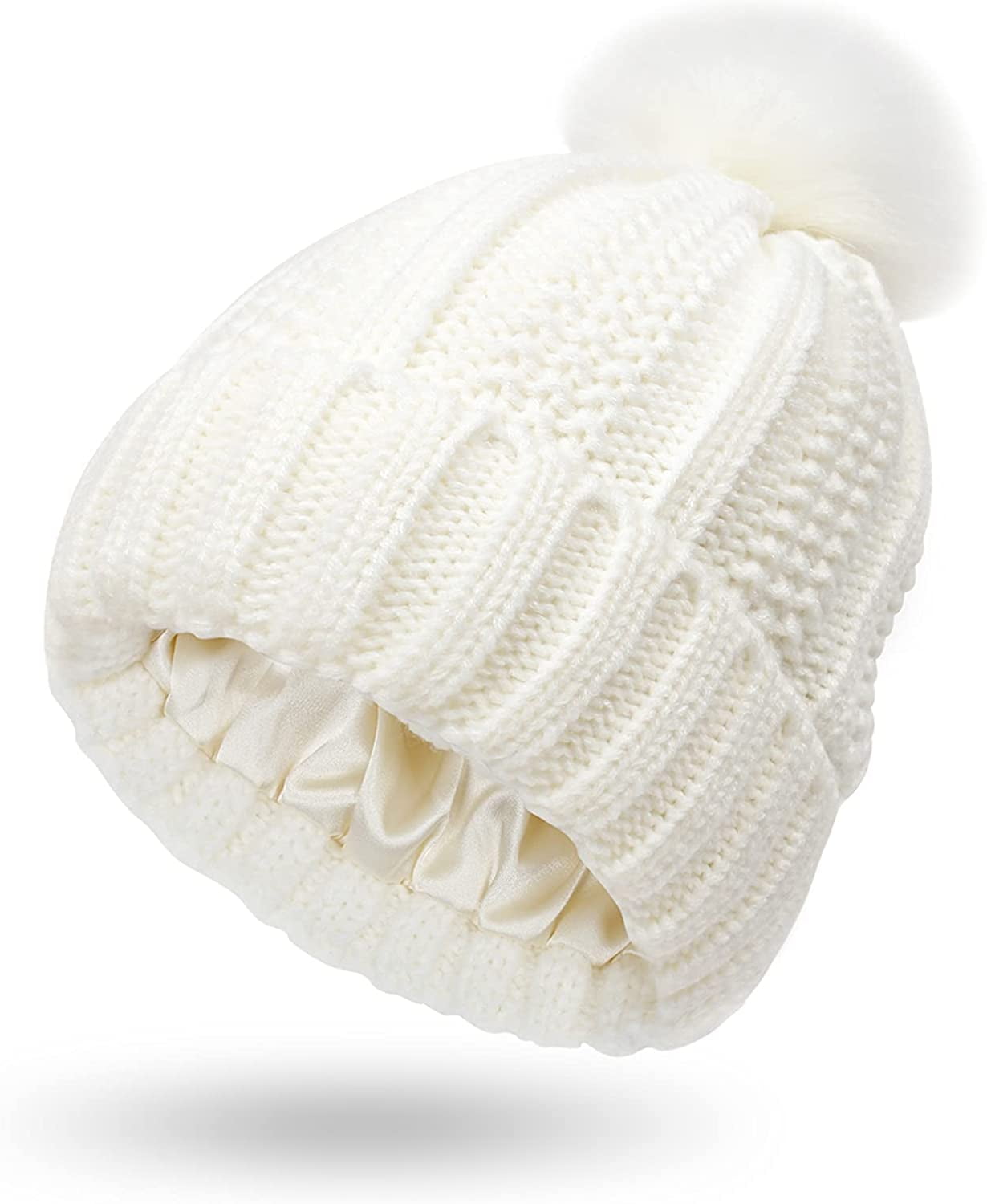 Muryobao Womens Satin Lined Winter Beanie Hat with Faux Fur Pom Cuffed Warm Knit Skull Cap 
