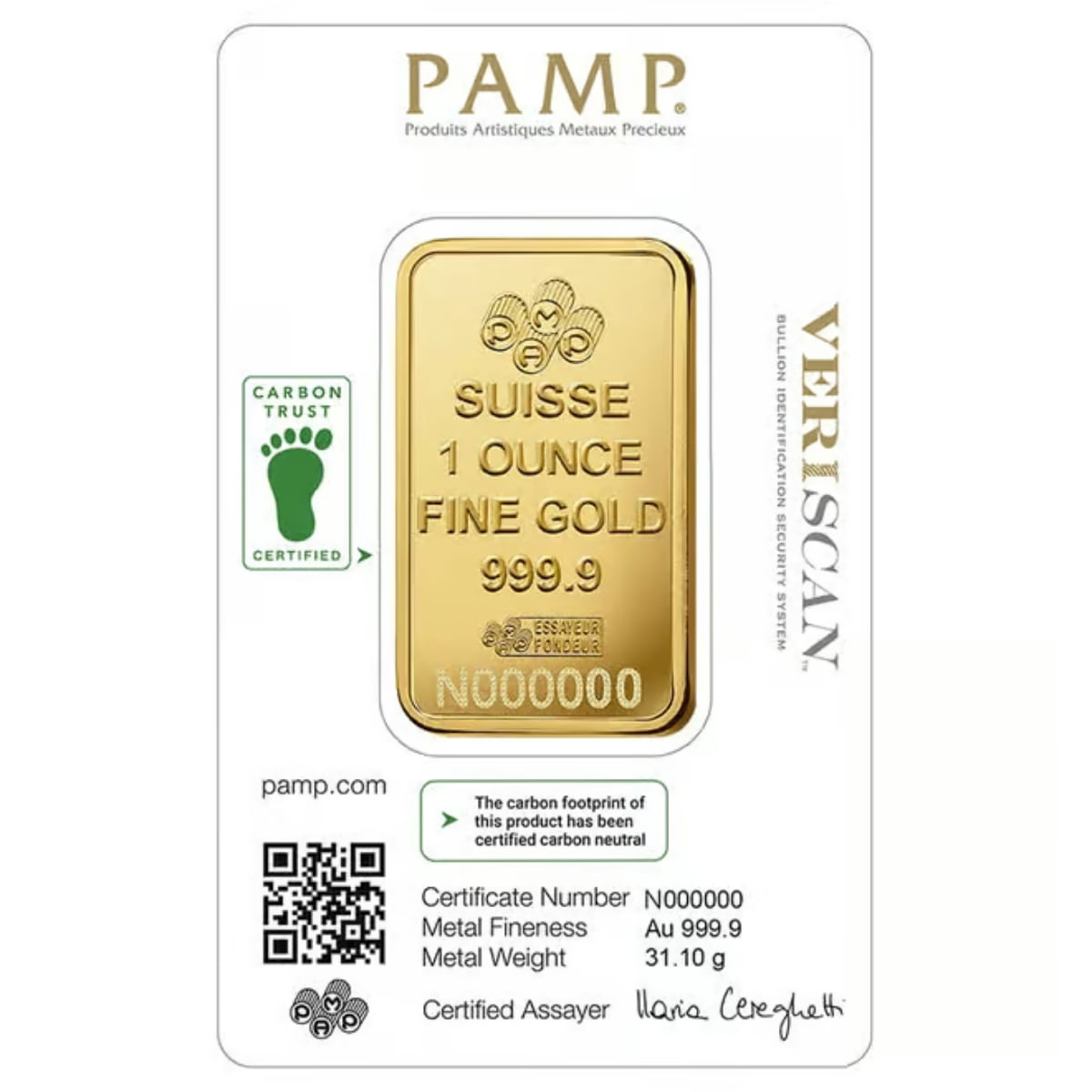 PAMP Suisse Lady Fortuna 1 oz Gold Bar - In Veriscan Carbon Neutral Assay