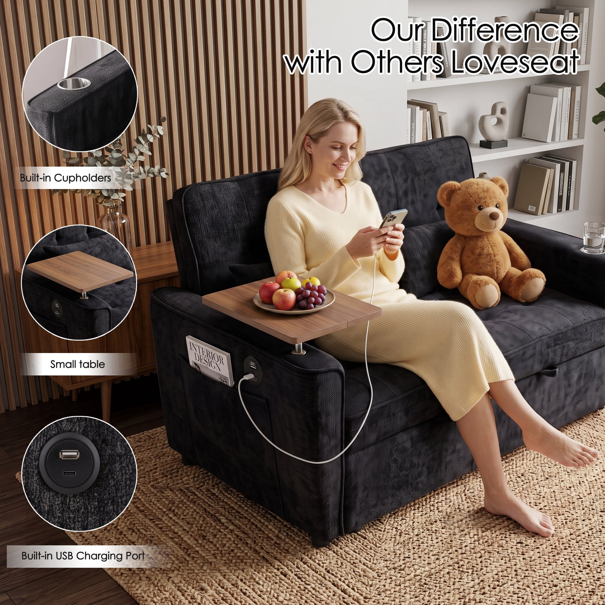 Xiweot 54" Convertible Sleeper Sofa Bed, Full Size Pull Out Couch with Adjustable Backrest, USB Ports & Cup Holder, Chenille Loveseat Sleeper for Apartment Living Room, Black