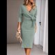 thumbnail image 5 of Vestido de Suéter de Larga para Mujer, Vestido Ajustado con Abertura Lateral, Otoño, Midi, , Escote en V Profundo, Ajustado, Verde XXL, 5 of 8