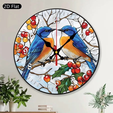 Eastern Bluebirds Painted Stained Glass Style Round Wall Clock, MDF Wood Bird Decorative Home Wall Decor