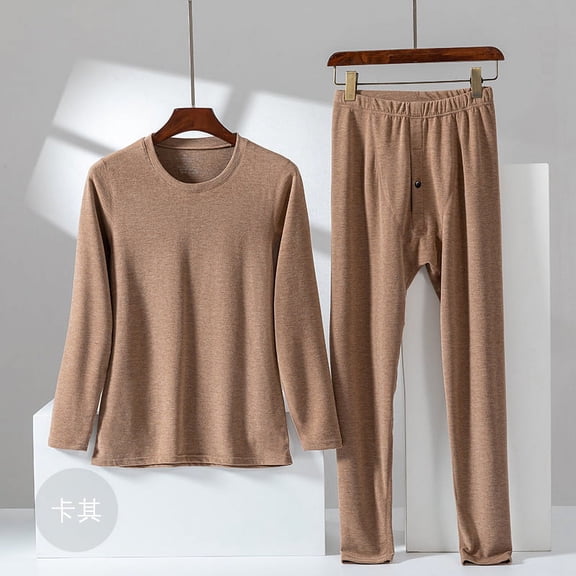 De Velvet AB Surface Seamless Heating Thermal Underwear Men's Plus Size Plus Velvet Padded Autumn Pants Set Khaki XXL
