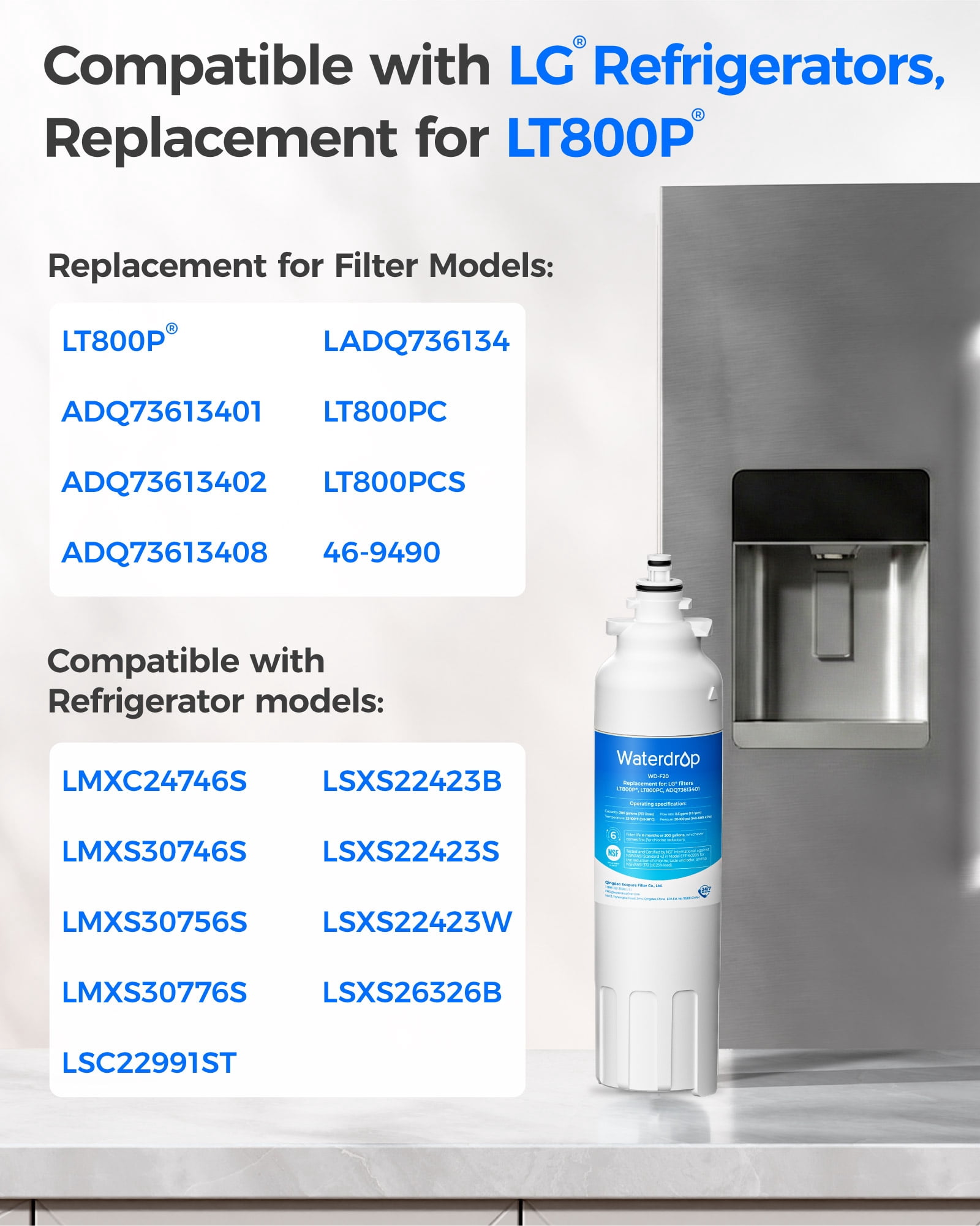 Waterdrop ADQ73613401 Refrigerator Water Filter, Replacement for LG® LT800P®, ADQ73613408, ADQ75795104, ADQ73613402, Kenmore 9490, 46-9490, LSXS26326S, LMXC23746S, LSXS26366S, WD-F20, Pack of 6