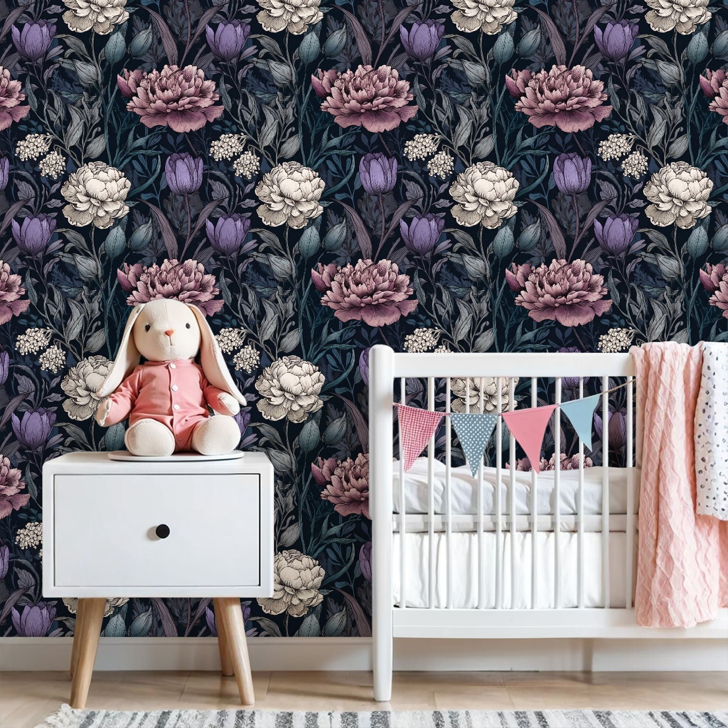 Peel and Stick Wallpaper Vintage Botanical Floral Peonies Tulips Dark Wall Mural 23.6in x 9.8ft Self Adhesive Removable Wall Paper Renter Friendly Wallpaper for Bedroom