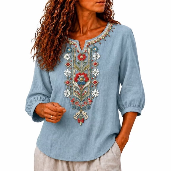 PBFRDSJ Cotton Linen Tops for Women Lightweight Retro Embroidered 3/4 Sleeve Bohemian Peasant Shirts Plus Size V Neck Casual Summer Beach Boho Tops