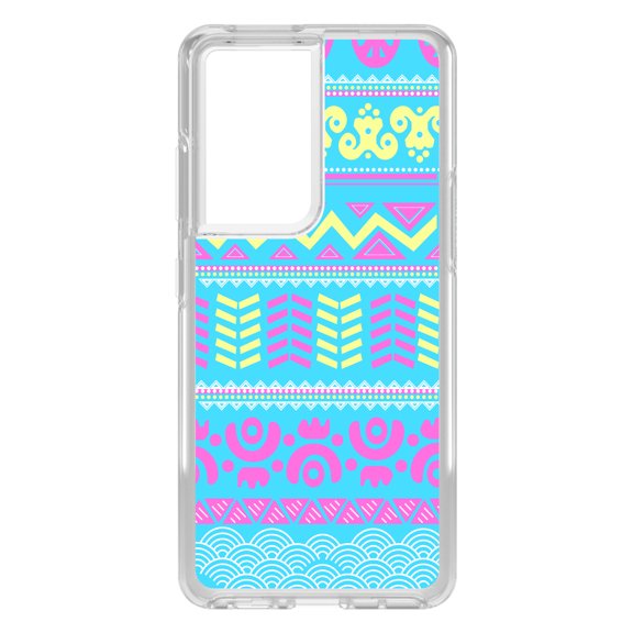 DistinctInk Clear Shockproof Hybrid Case for Galaxy S21 ULTRA 5G (6.8" Screen) - TPU Bumper, Acrylic Back, Tempered Glass Screen Protector - Yellow Pink Blue Aztec Tribal
