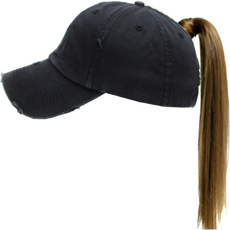 Black Ponytail Messy High Bun Adjustable Washed Cotton Baseball (Women's Best Slim Caps)