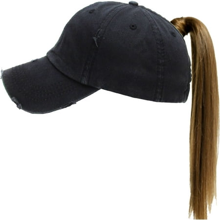Cap Sleeve V-neck Cap - Black Ponytail Messy High Bun Adjustable Washed Cotton Baseball Cap