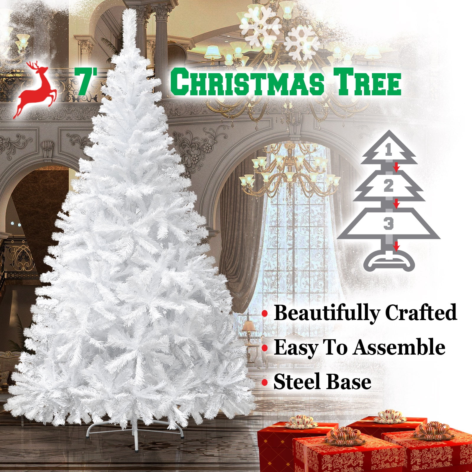 Sunrise 4 Sizes Artificial Christmas Tree w/Metal Stand,Easy Assembly, White (7 Ft)