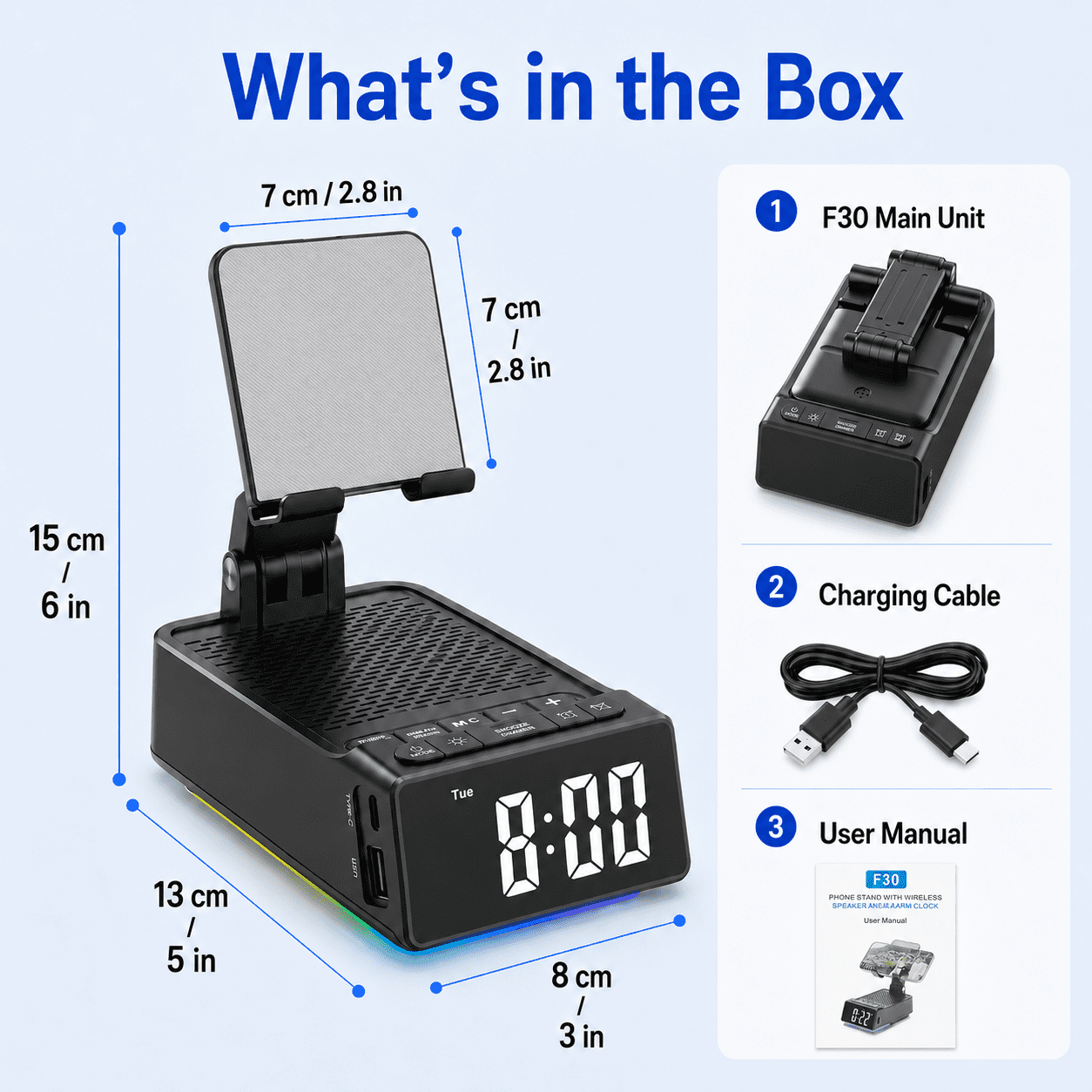 JDMEOPD Cell Phone Stand with Bluetooth Speaker and Alarm Clock, 7-in-1 Phone Holder with LED Clock, RGB Light, USB-C Charging