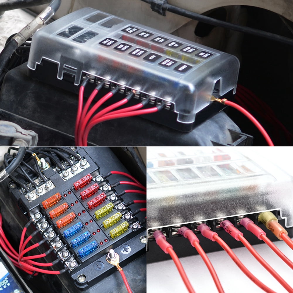12 Way 12V Blade Fuse Block,12 Circuit ATC/ATO Fuse Box Holder with LED Indicator Waterpoof Cover for 12V Automotive Truck Boat Marine RV Van Vehicle with 24 pcs Fuse