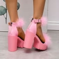 thumbnail image 4 of Xfvqtps Heeled Sandal for Womens Chunky Block High Heels Flatform Back Zipper Ankle Feather Strap Buckle Non Slip Breathable Beach Dress Summer Faux Fur High Heels Pink, 4 of 6