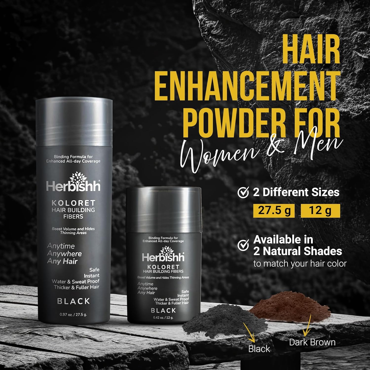 (2 pack) Herbishh Koloret Hair Building Fibers – Black Powder for Thinning Hair, Instant Bald Spot Cover Up & Scalp Concealer – Sweat-Proof & Water-Resistant Hair Thickening Fibers for Men & Women, 27.5g