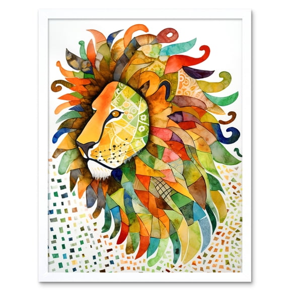 Lion's Head Multicoloured Folk Art Watercolour Painting Art Print Framed Poster Wall Decor 12x16 inch