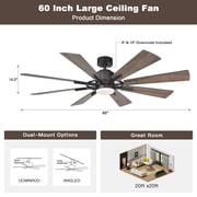 Parrot Uncle 60 Farmhouse Windmill LED Ceiling Fan with Lights and Remote, 8-Blade Reversible Rustic Large Ceiling Fan for Living Room, Bronze