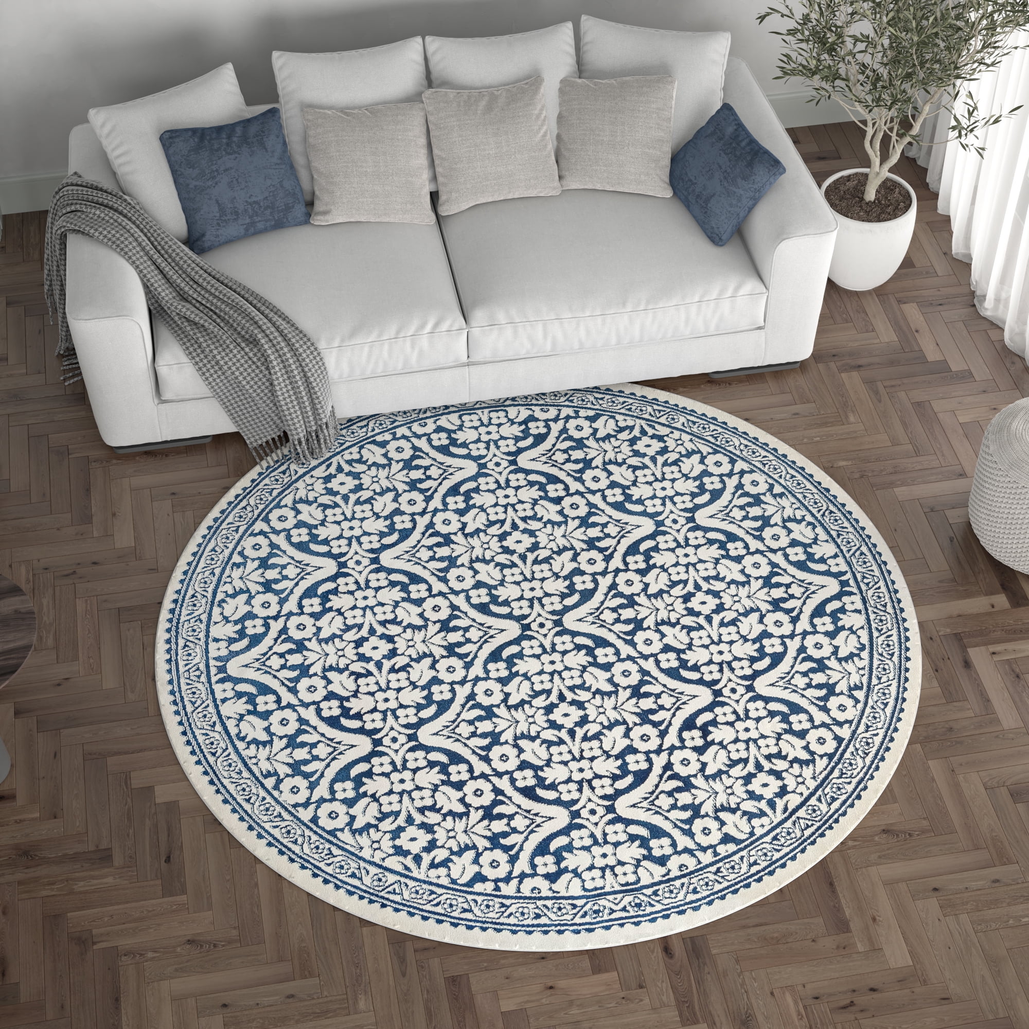 Madison Traditional 5' Round Dark Blue Polypropylene Indoor Area Rug