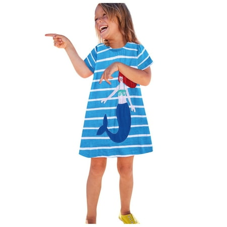 

Summer Dress Girls Short Sleeve Casual Dresses Floral Print Blue 150