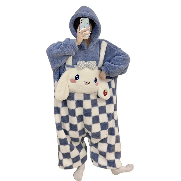 Sanrio Casual Blue Plaid Plush One-Piece Pajamas Sweet Girl Heart Cartoon  Cute Cinnamoroll Thickened Hooded Pajamas Home Clothes