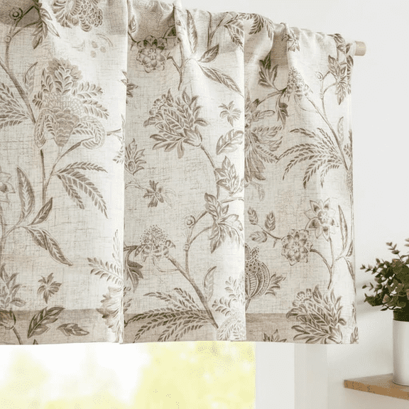 Farmhouse Cottage Floral Linen Valance Curtain with Rod Pocket, Light Filtering Rustic Kitchen Window Treatment for Living Room and Bedroom, Taupe on Beige Single Panel