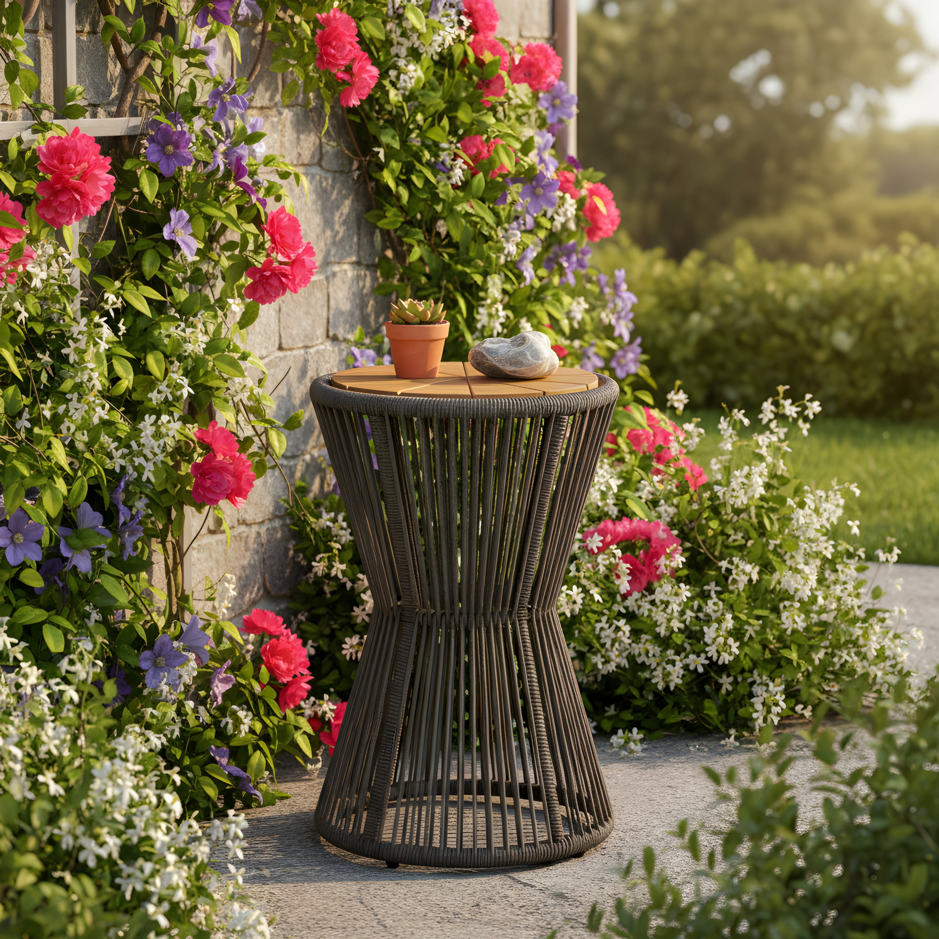 Side Table, Outdoor Dark Grey Rope and Acacia Wood Hourglass Design Table for Patio Deck, Teak