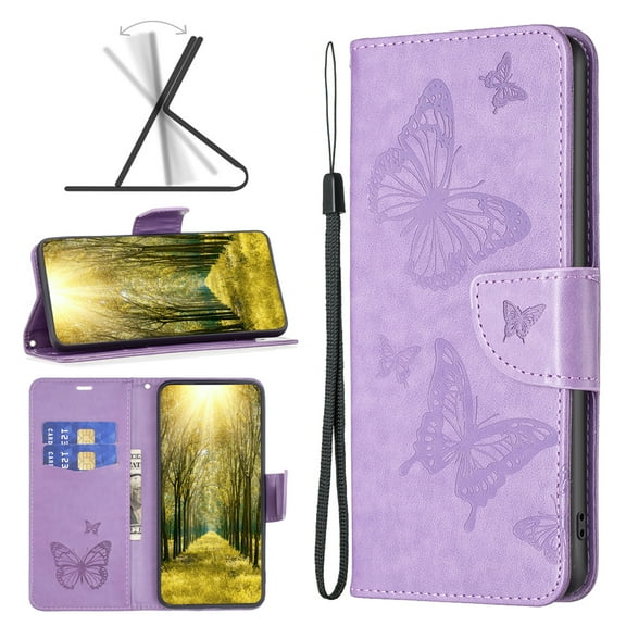 Wallet Case for Samsung Galaxy A55, Butterflies Pattern PU Leather Flip Case with Card Holder, Kickstand Folio Magnetic Clasp Shockproof Protective Phone Cover for Galaxy A55, Violet