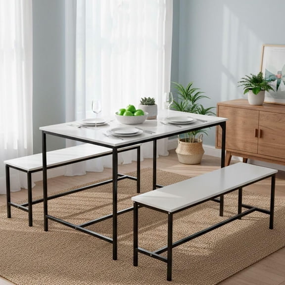 SELECTSHOP Juego De Mesa Y Sillas de Comedor Mesa De Cocina De Madera MDF Rústica con 2 Bancas 4 Asientos Ideal para Casa Cocina Vintage (Blanco)
