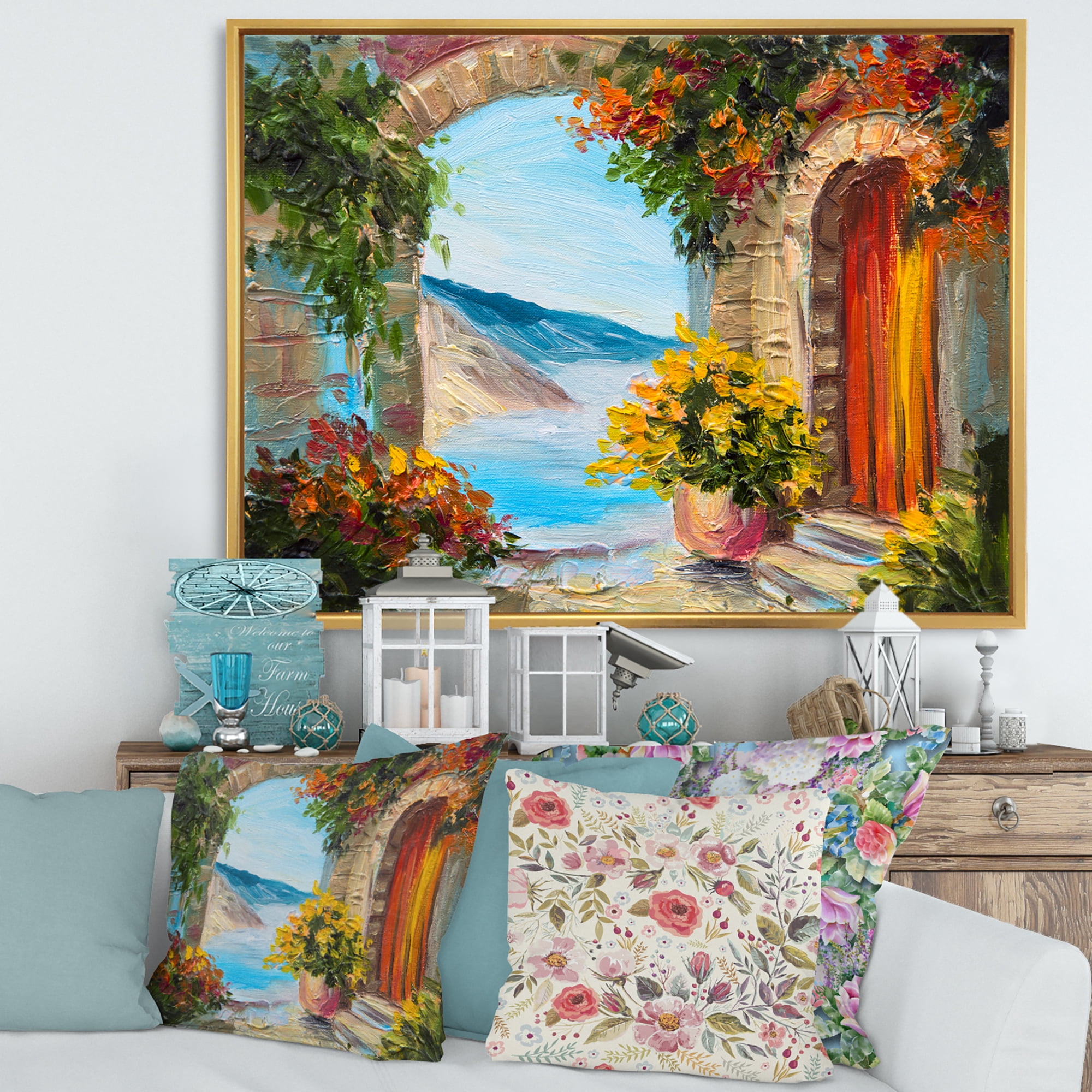 Designart 'House With Colorful Flowers Near The Sea Summer Season' Nautical & Coastal Framed Canvas Wall Art Print