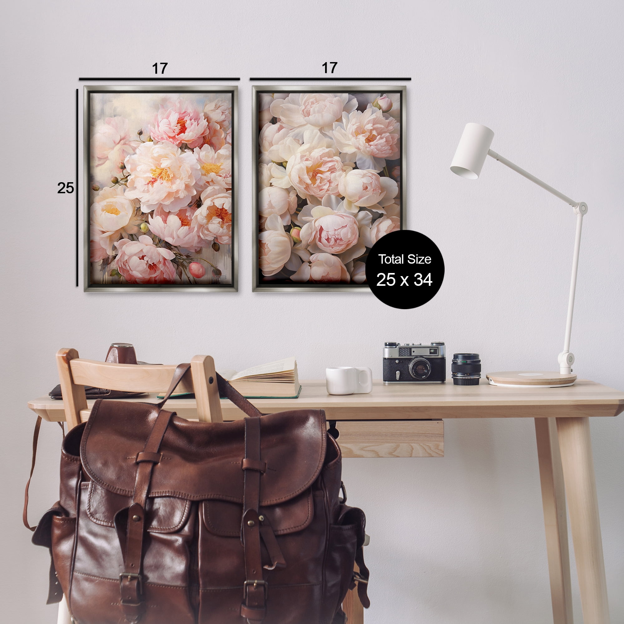 Stupell Industries Soft Pink Cabbage Roses Plants & Flowers Painting Gray Floater Framed Canvas Art Print Wall Art, 17 x 25, Set of 2