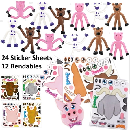 36 Pc Farm Party Favor Pack (12 Bendable Farm Animals & 24 Make a Farm Animal Sticker Scenes) Kids Party Favor Supplies