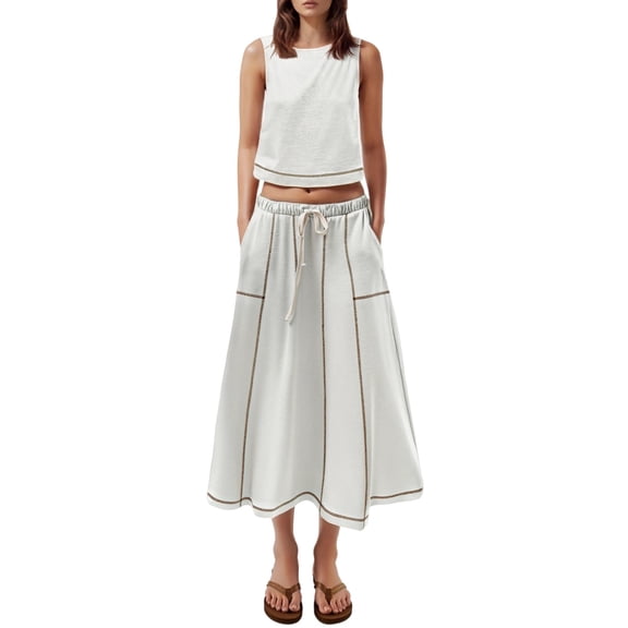 DHFJKG 2 Piece Skirt Sets Women's Summer Outfits Sleeveless Crop Tank Top And Midi Drawstring Skirts Set With Pockets Casual Beach Vacation Clothes Trendy Outfit