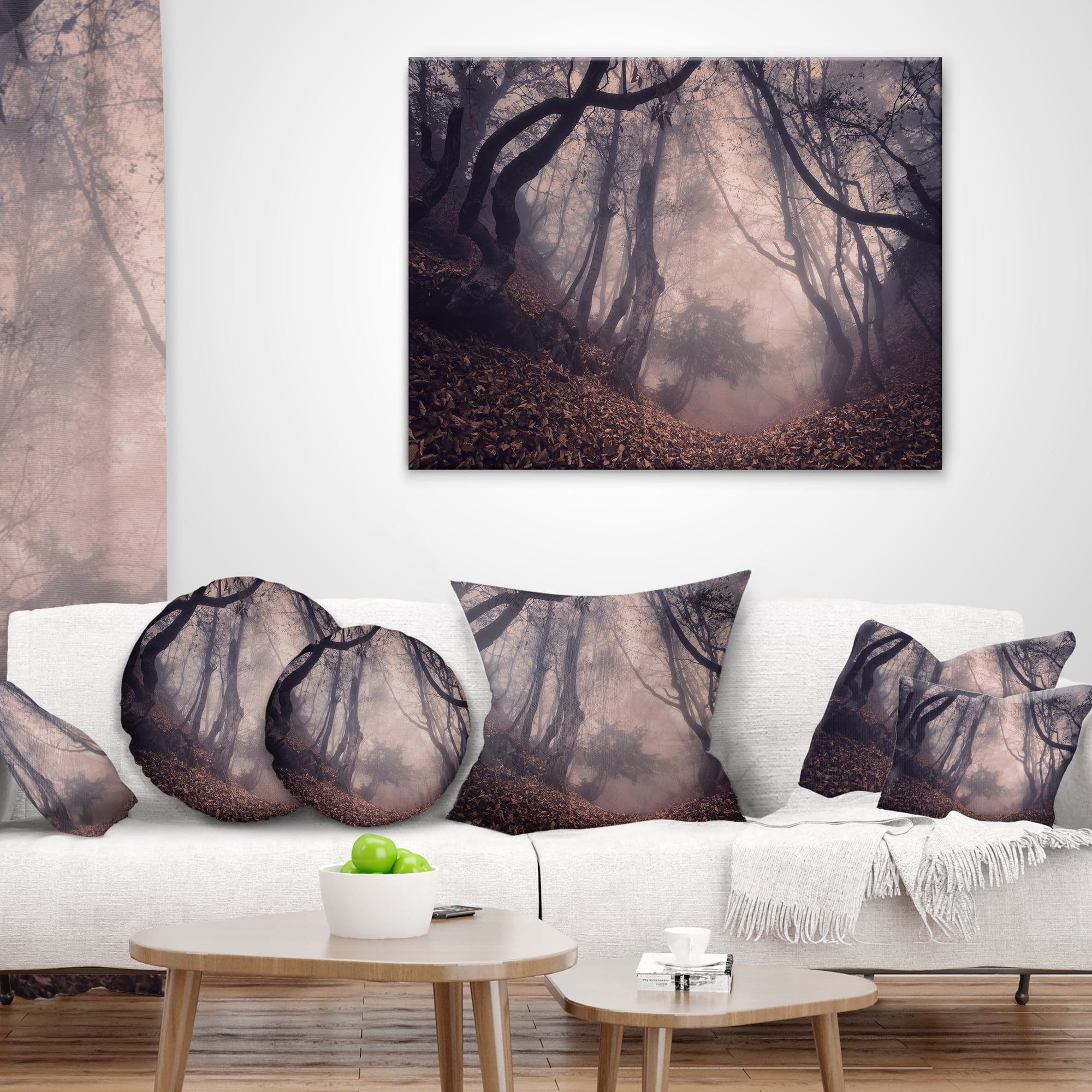 Designart Vintage Foggy Forest Trees - Landscape Photography Throw Pillow - 16x16