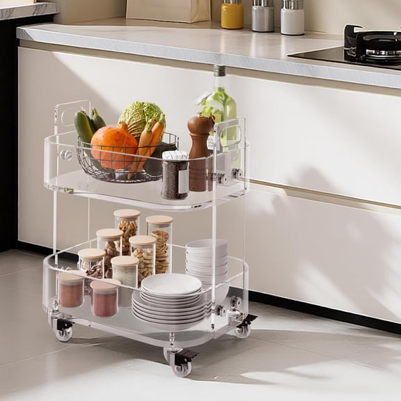 Acrylic Bar Cart with 4 Lockable Wheels, Clear Mobile Utility Rolling Cart, Multifunction Serving Cart for Home Bar, Kitchen, Bathroom, Living Room, with Pulling Handle, 2-Tier, Modern