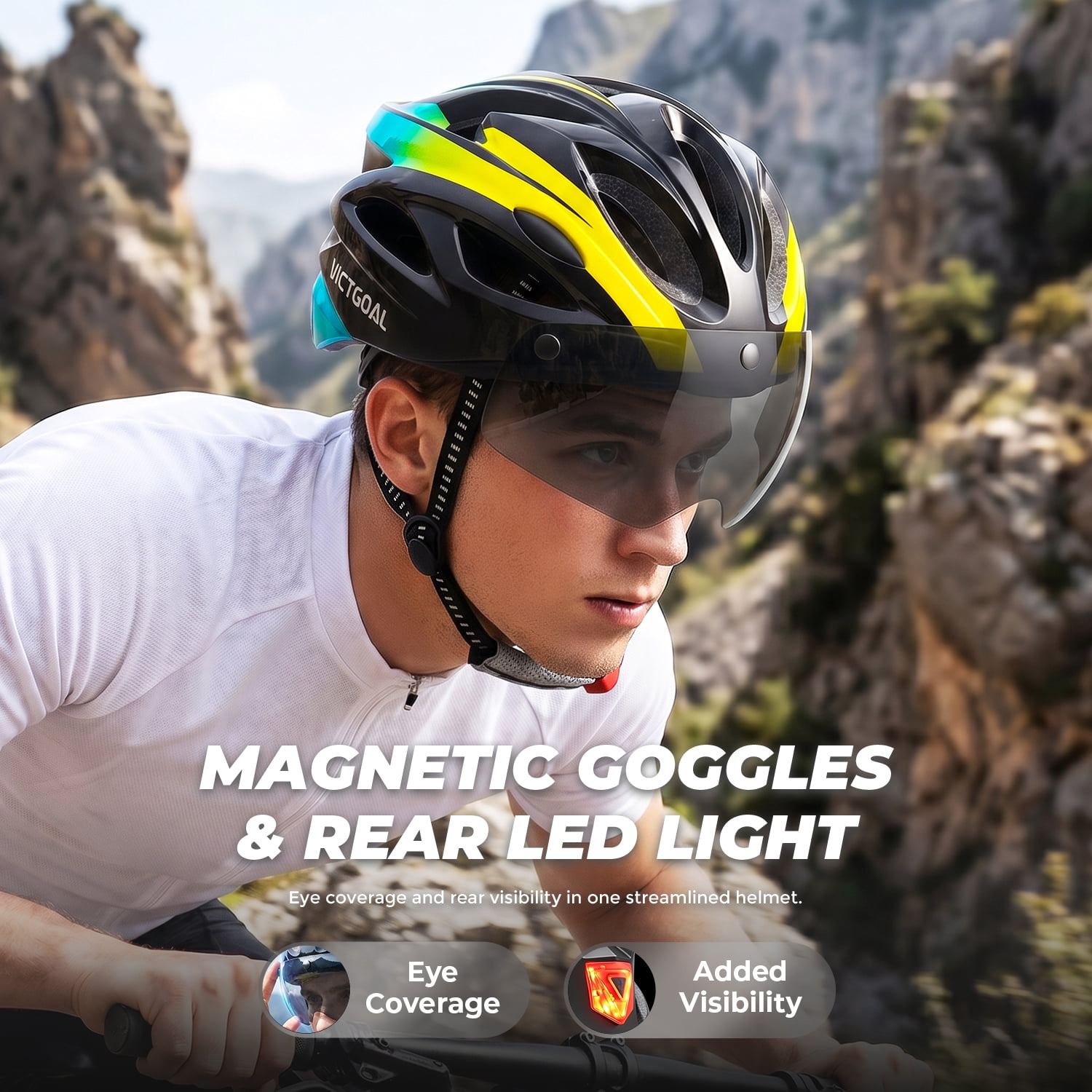 VICTGOAL Bike Helmet for Adults with Light and Goggles Lightweight MTB Road Bicycle Helmets for Men Women Cycling Ebike Scooter