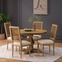 Noble House Ardyce Fabric Upholstered Wood and Cane 5 Piece Circular Dining Set, Natural and Beige
