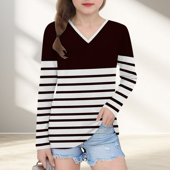 YUNAFFT Girls' V-Neck Long Sleeve Tops Collection - Classic Stripes Print Basic Tees