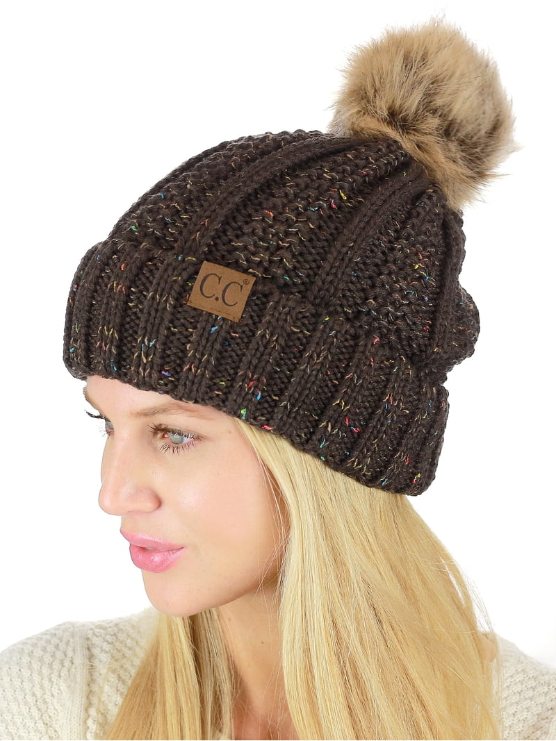 C.C Thick Cable Knit Faux Fuzzy Fur Pom Fleece Lined Skull 