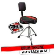 Griffin Drum Throne with Back Rest Support - Padded Leather Drummer Seat Motorcycle Saddle Style Chair - Swivel Adjustable Height Drum Chair for Adults Percussion Stool with Double Braced Hardware