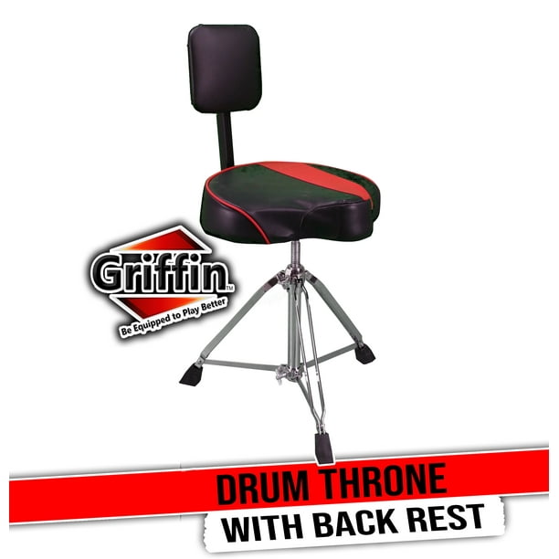 Griffin Drum Throne with Back Rest Support - Padded Leather Drummer Seat  Motorcycle Saddle Style Chair - Swivel Adjustable Height Drum Chair for