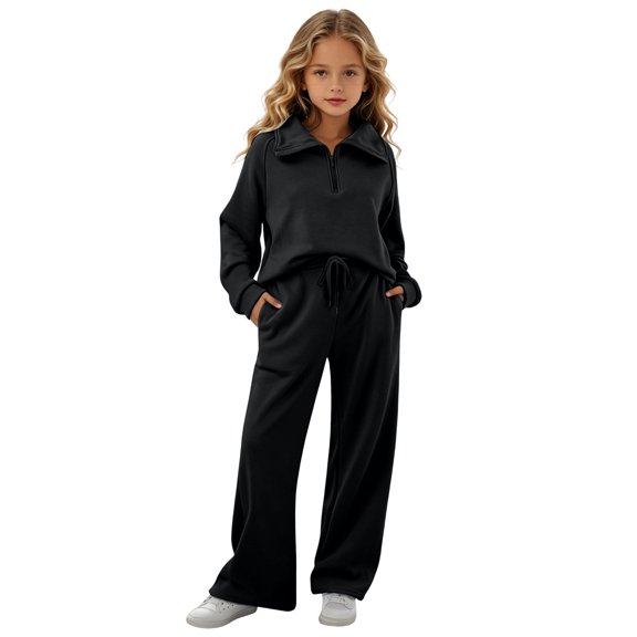 Enjoytime Girls Outfits Collared Quarter Zip Sweatshirt Pants 2 Piece Set Kids Casual Fashion Long Sleeve Sweatsuit